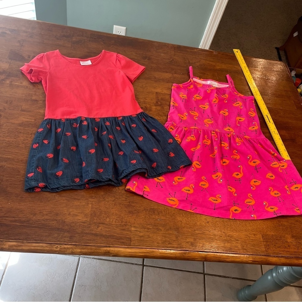 2 Hanna Andersson dresses red navy strawberry pink flamingo tank top size 6-7